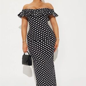 Fashion Nova Black and White Polka Dot Off-Shoulder Maxi Dress